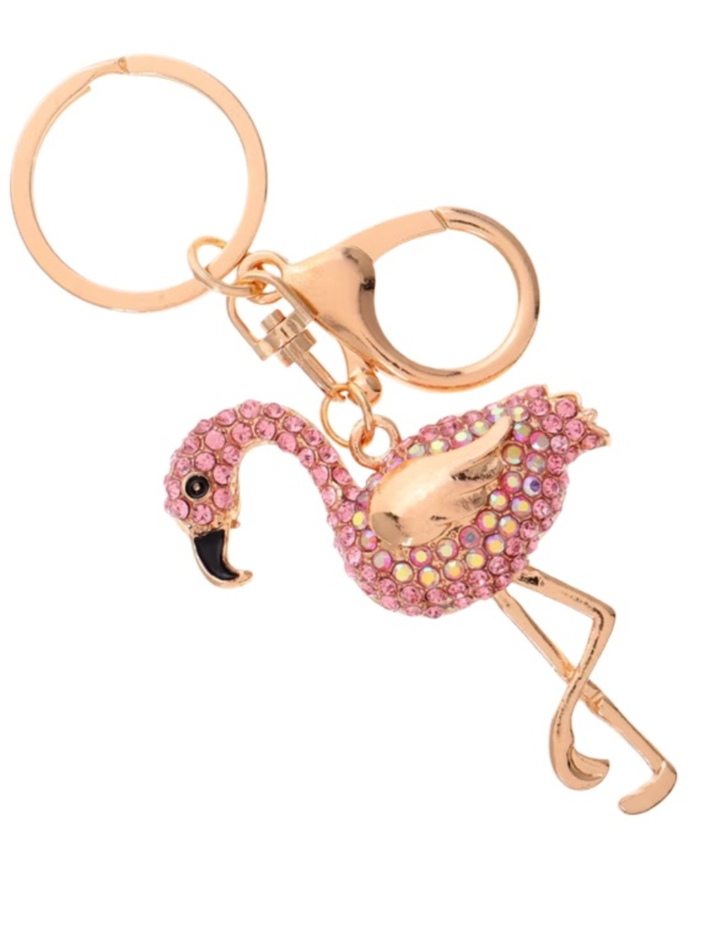 Flamingo Rhinestone Keychain in Pink & Gold Durable Zinz Alloy. Bag charm access